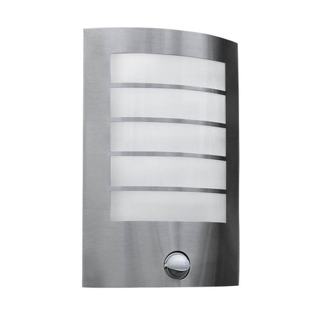 LED Außen-Wandlampe Slim mit Sensor IP44 Edelstahl in modernem Design mit Edelstahl- und Diffusor-Elementen.