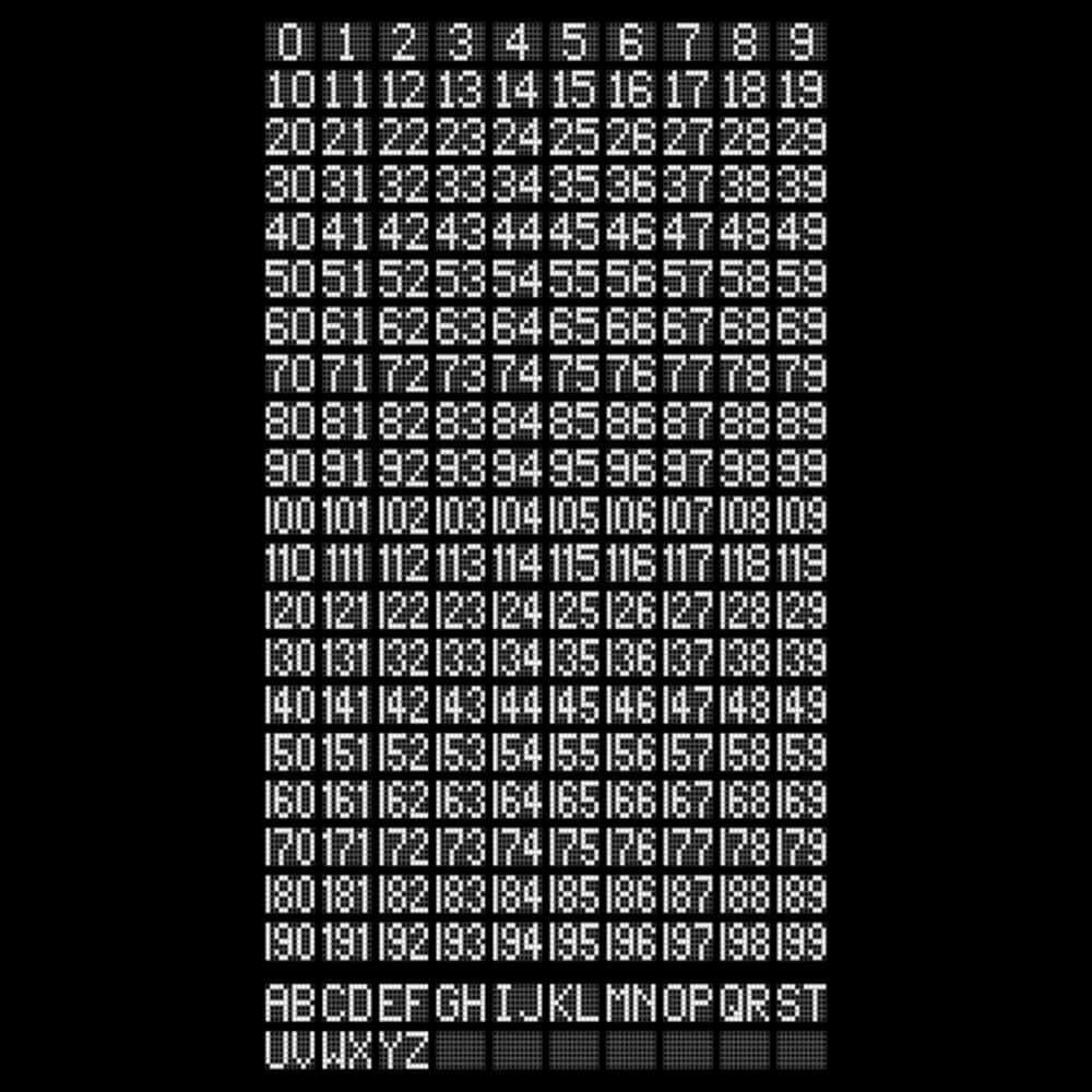 Tabelle mit Zahlen von 0 bis 99 sowie das Alphabet von A bis Z in digitalem Stil.