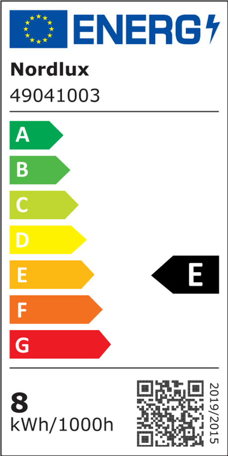 Energy efficiency label of the LED Nestor outdoor wall light IP44 black by Nordlux, category E.
