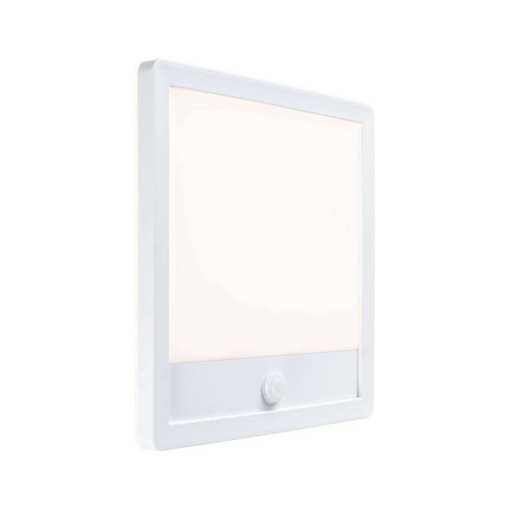 LED Außen Wandleuchte Lamina Bewegungssensor Weiß in quadratischer Form mit weißem Rahmen.