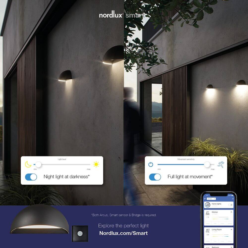 LED Außenwandlampe Arcus Smart IP54 mit Steuerung für Nachtlicht und Bewegungserkennung.