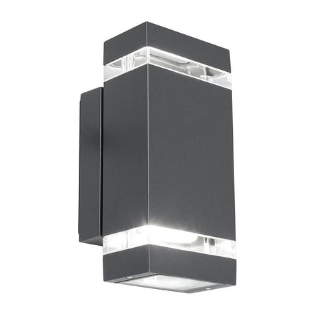 LED Außenwandlampe Focus IP44 Anthrazit in modernem Design mit klarem Lichtauslass und seitlichem Lichtschlitz.