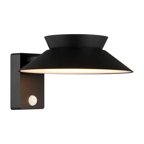 LED Außenwandlampe Justina Solar IP44 in modernem Design mit Bewegungsmelder und runder Leuchtfläche.