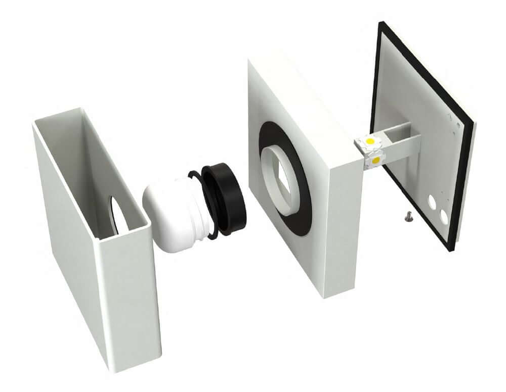LED Außenwandlampe Turn IP54, zerlegt, zeigt innovative Montage und drehbaren magnetischen Schirm.