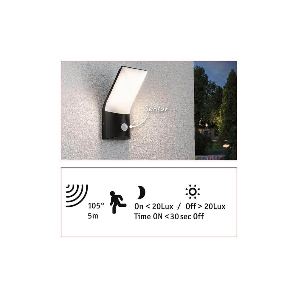 LED Außenwandleuchte Adya Sensor Anthrazit IP54 mit Bewegungsmelder und Dämmerungssensor auf Wand montiert.