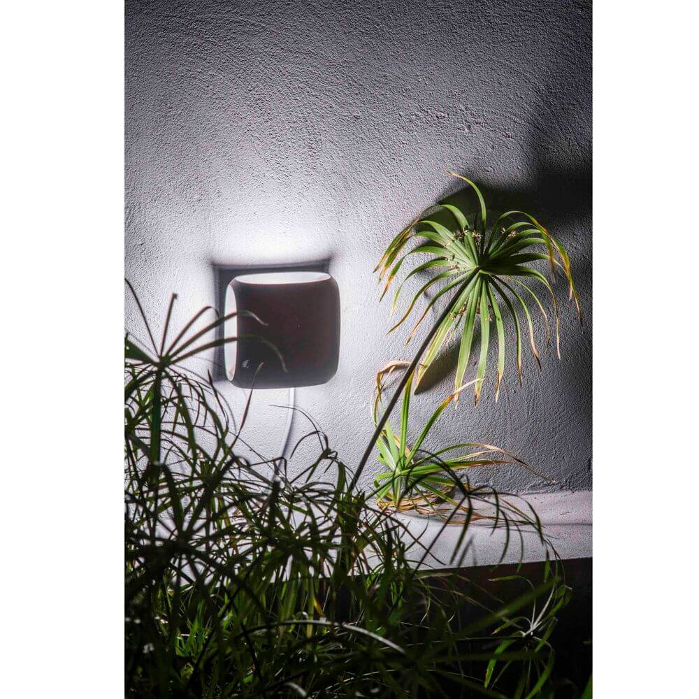 LED Außenwandleuchte BU-OH IP65 Dunkelgrau an einer Wand mit Pflanzen im Vordergrund.