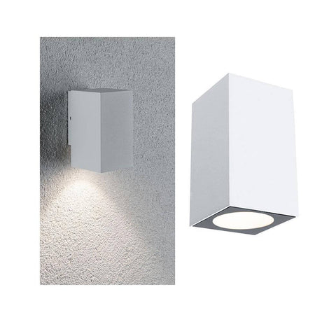 LED Außenwandleuchte Flame Weiß, Metall an der Wand montiert mit indirektem Lichtakzent.