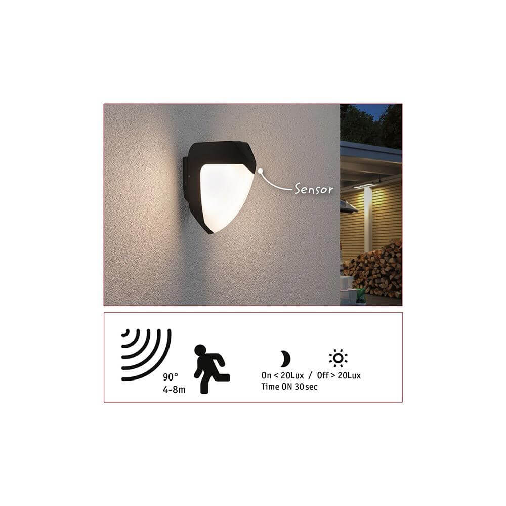 LED Außenwandlampe Ikosea Bewegungsmelder + Dämmerungssensor mit Sensor und Bewegungsbereiche.