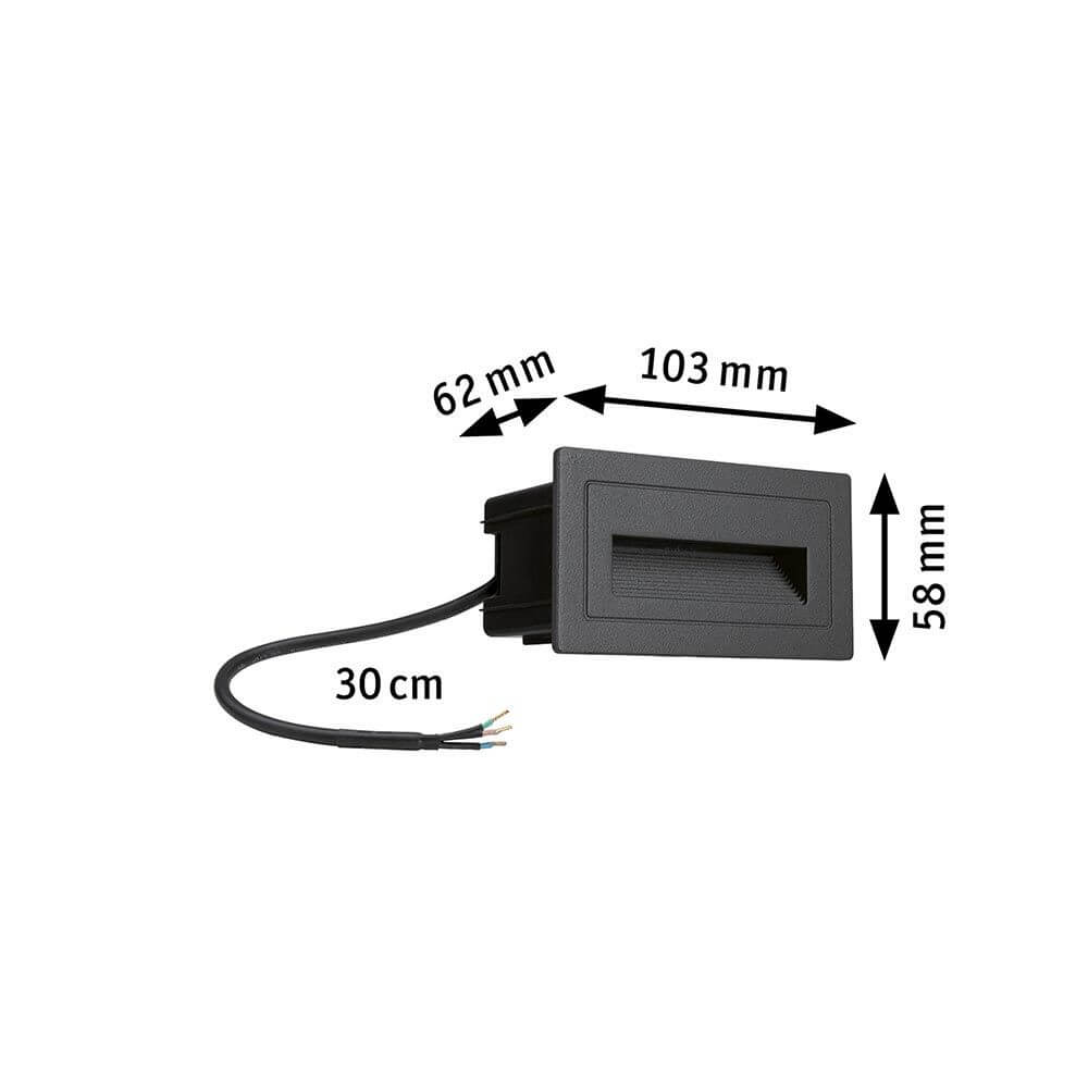 LED Außen Wandeinbauleuchte Long Schwarz IP65 mit Abmessungen 103x58mm und Kabelanschluss.