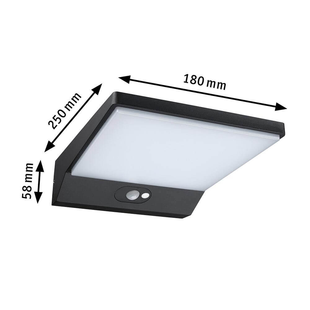 LED Außenwandleuchte Ronea mit Bewegungsmelder IP44 mit Maße und Bewegungsmelder in Schwarz.
