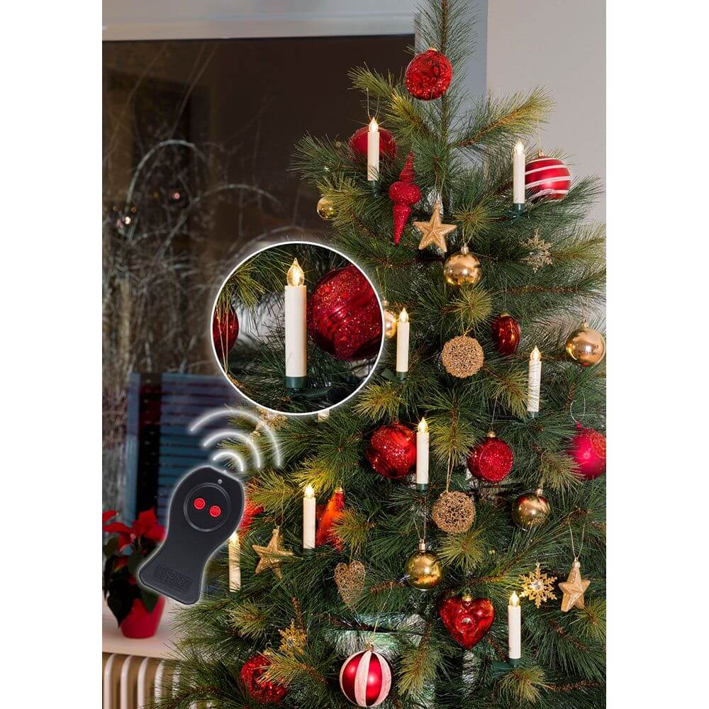 LED Baumbeleuchtung 10 kabellose weiße Kerzen Fernbedienung Warmweiß batteriebetrieben am Weihnachtsbaum dekoriere.