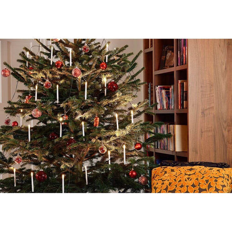 LED Baumkette slim line 10 große Topbirnen mit Schalter 10 Warmweiße Dioden am geschmückten Weihnachtsbaum.