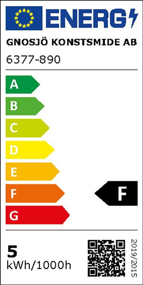 Energieeffizienzlabel Gnosjö Konstsmide AB mit F-Kategorie auf grün-rot Farbskala, Verbrauch 5 kWh/1000h.