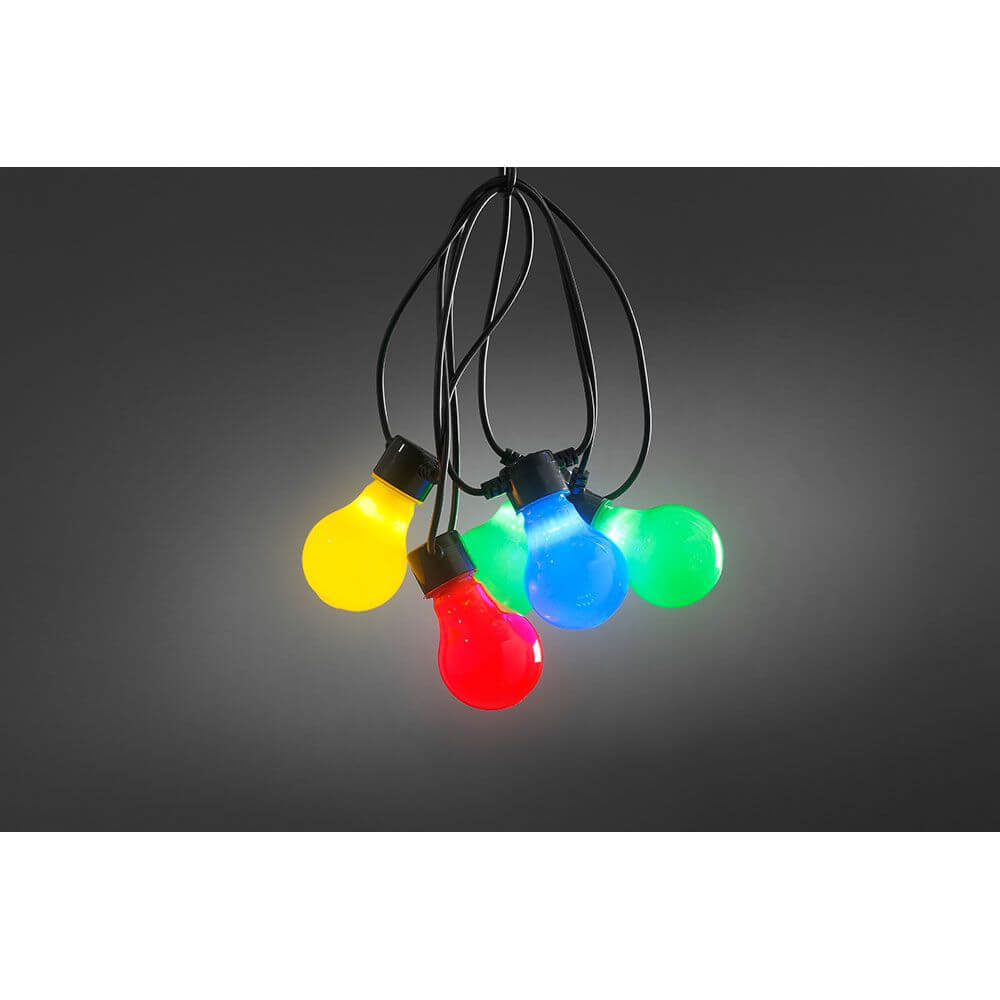 LED Biergartenkette 10er bunt milchig 80 Warmweiße Dioden 24V mit bunten Glühbirnen