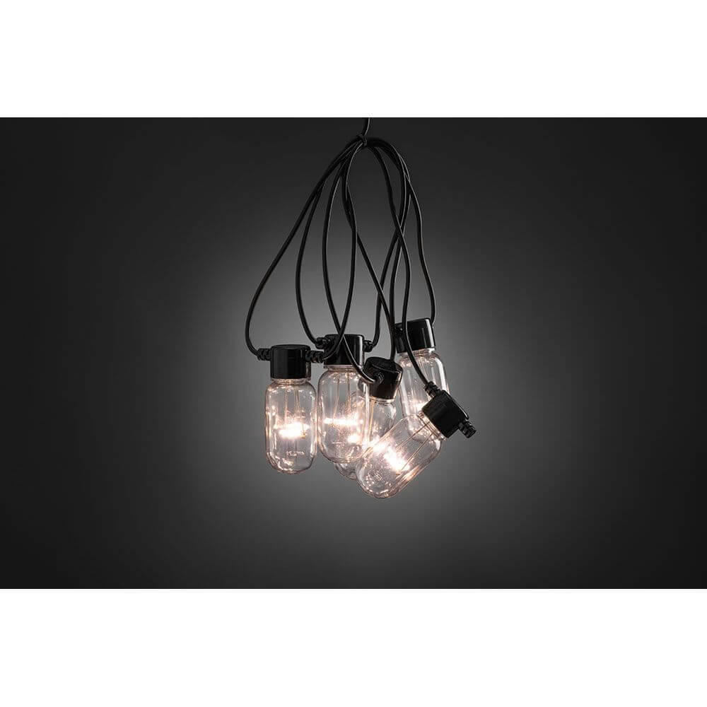 LED Biergartenkette 10er klar 80 Warmweiße Dioden 24V mit klaren Birnen und schwarzem Kabel
