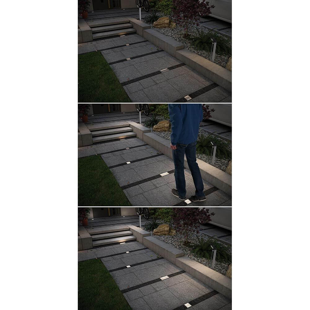 LED Bodeneinbauleuchte Brick mit Bewegungsmelder IP67 beleuchtet einen Gehweg im Dunkeln.