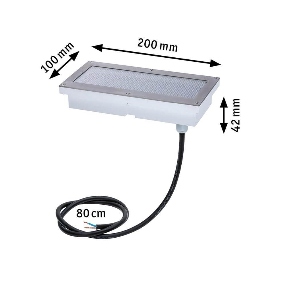 LED Bodeneinbauleuchte Brick mit Bewegungsmelder IP67, Metall/Edelstahl, Maße 100mm x 200mm x 42mm.