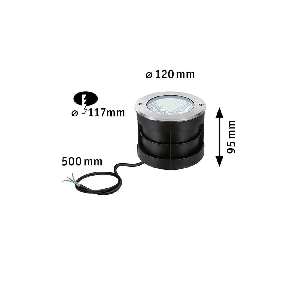 LED Bodeneinbauleuchte Floor Ø12cm Edelstahl IP67 mit Abmessungen 120mm, Höhe 95mm, Anschlusskabel 500mm.