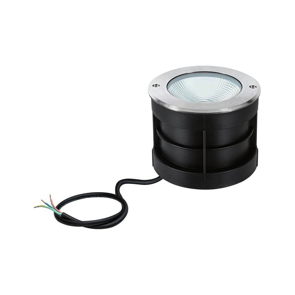 LED Bodeneinbauleuchte Floor Ø12cm Edelstahl IP67 mit schwarzem Gehäuse und Anschlusskabel.