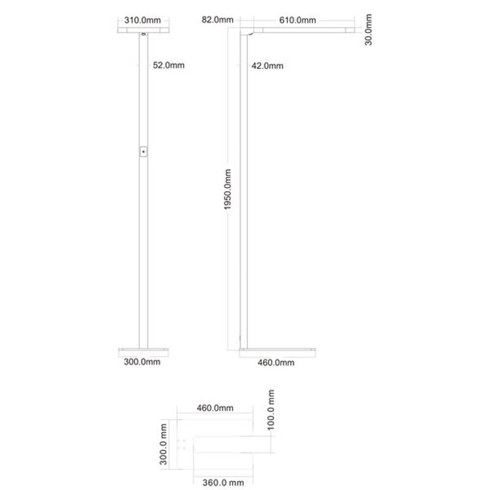 Maßzeichnung der LED Büro Stehleuchte Motion mit detaillierten Abmessungen in Millimetern.