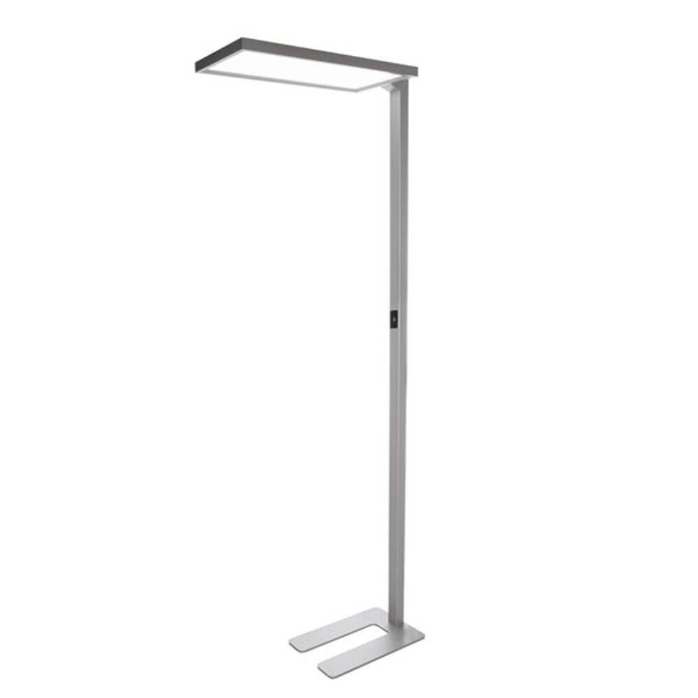 LED Büro Stehleuchte mit Bewegungs- und Tageslichtsensor in Silber. Modernes Design mit neutralweißem Licht.