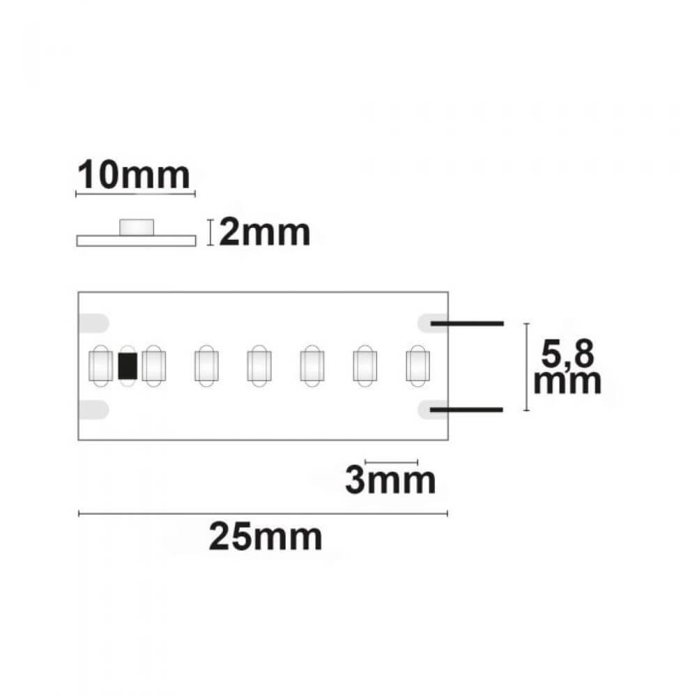 Technische Zeichnung mit Abmessungen des LED CRI9B Linear ST-Flexband 24V 15W Blau, Trennstelle 25mm.