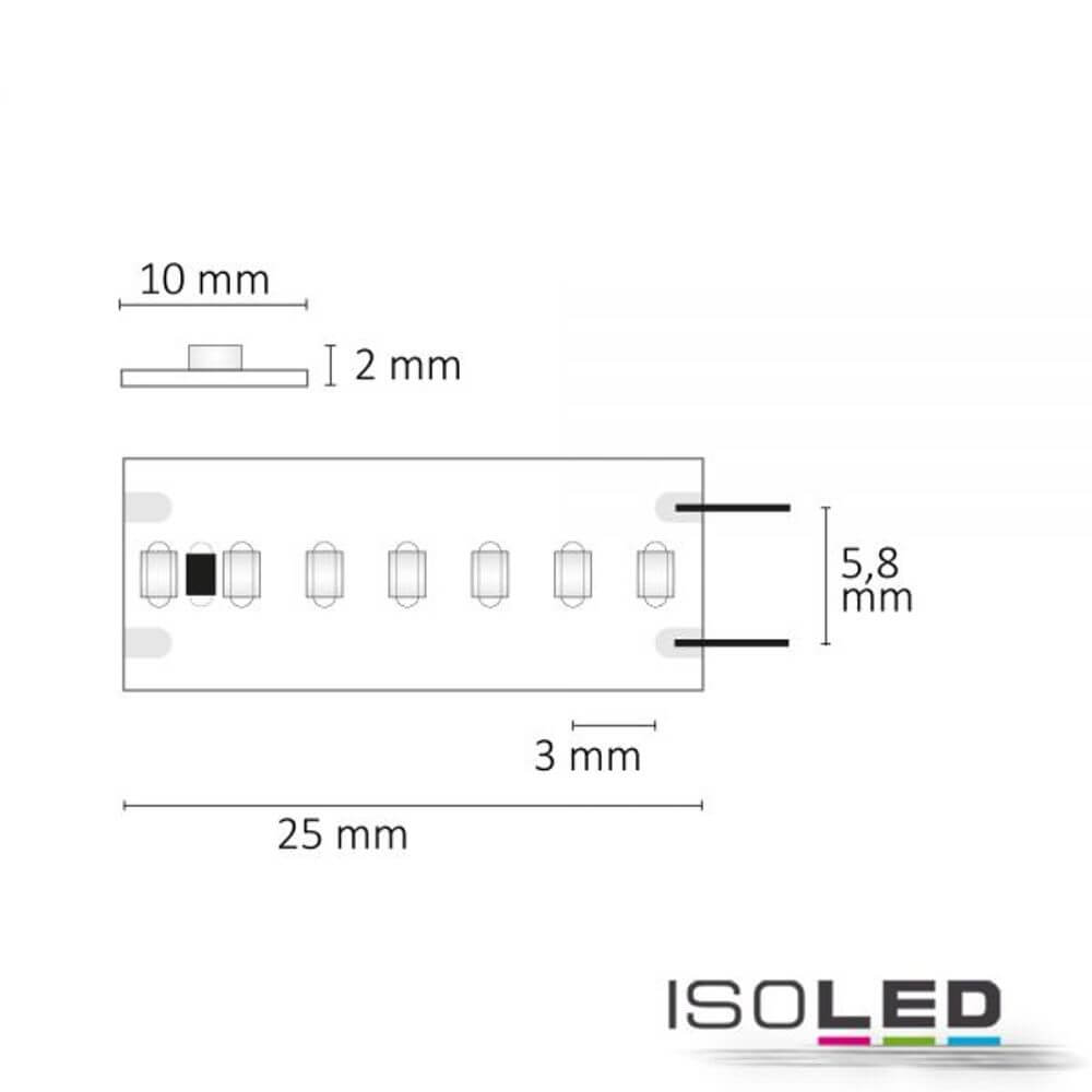Produktzeichnung der LED Strip CRI9G Linear ST-Flexband, Maße: 25mm x 10mm mit Pin-Anordnung, ISOLED.