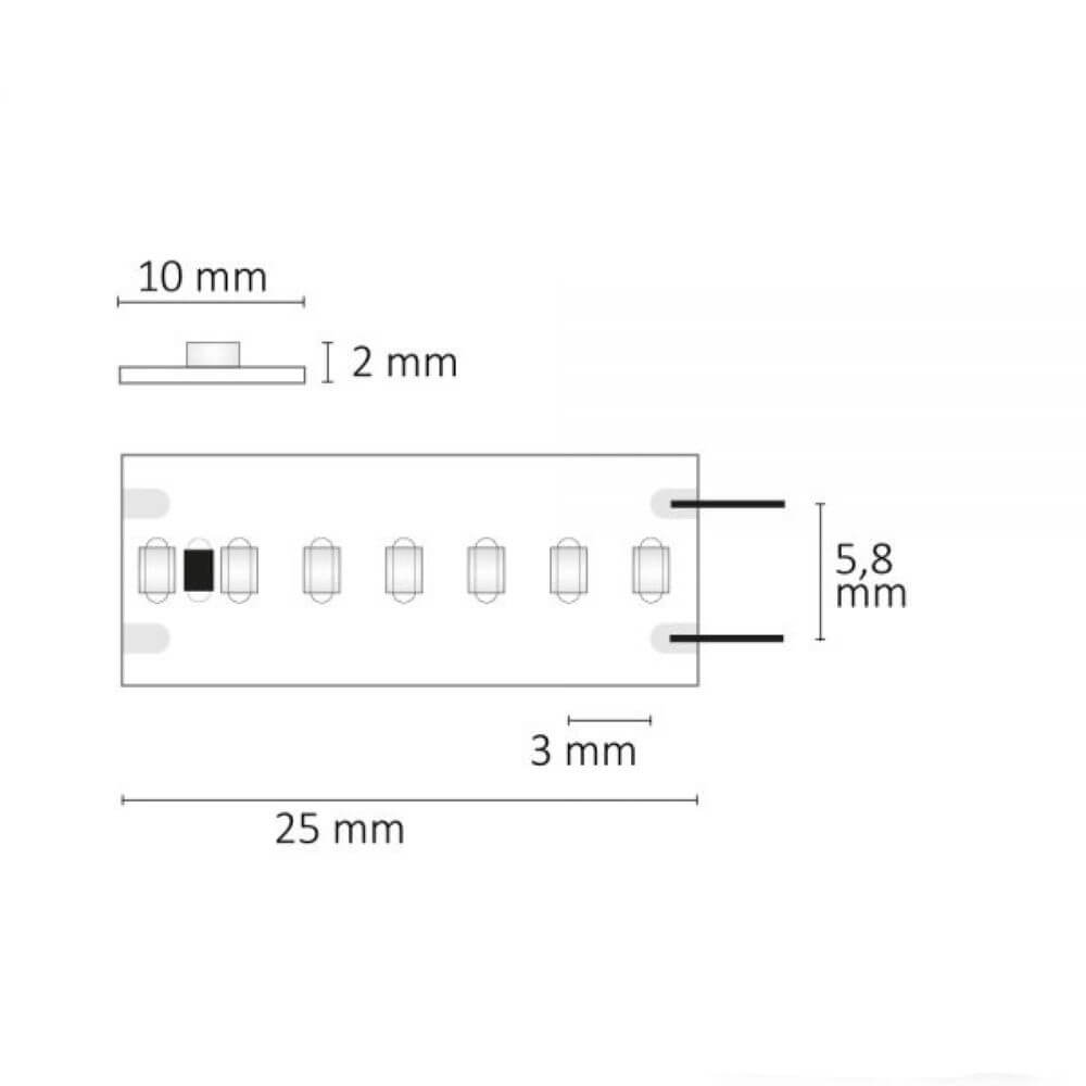 Technische Zeichnung der LED Strip Trennstelle mit Maßen: 25mm x 10mm x 3mm, für Flexband Verbindung.