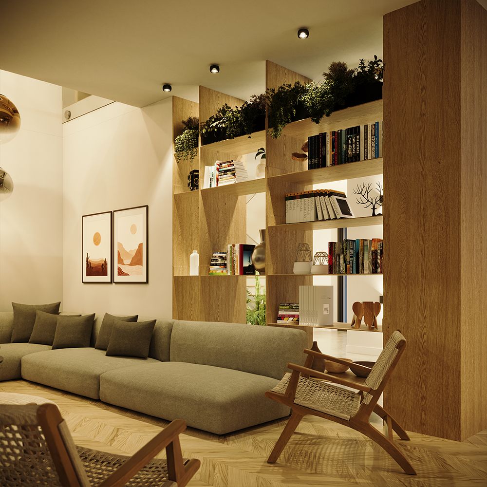 Gemütlicher Wohnraum mit modernem Sofa, Bücherregal und Holzregalen, stilvolle Beleuchtung und Pflanzenakzenten.