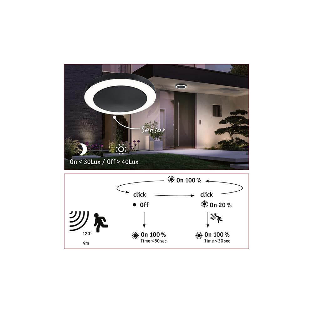 Circula LED Außen Deckenleuchte mit Sensor Schwarz für eingangsbereich mit 3 Betriebsarten und Sensorfunktion