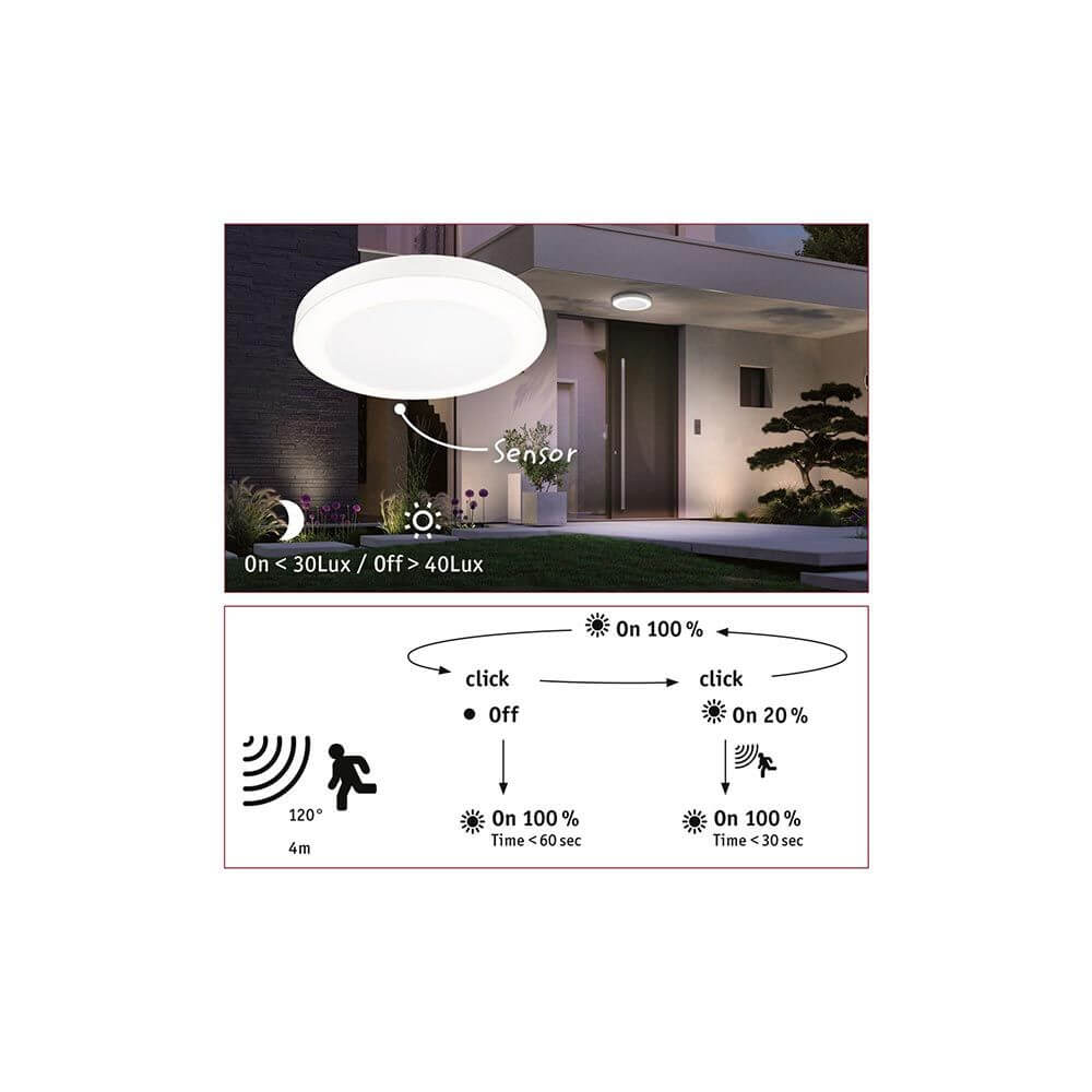 LED Außen Wand- & Deckenleuchte Circula Sensor mit Bewegungsmelder und Lichtstärkenanzeige in einem modernen Eingangsbereich.