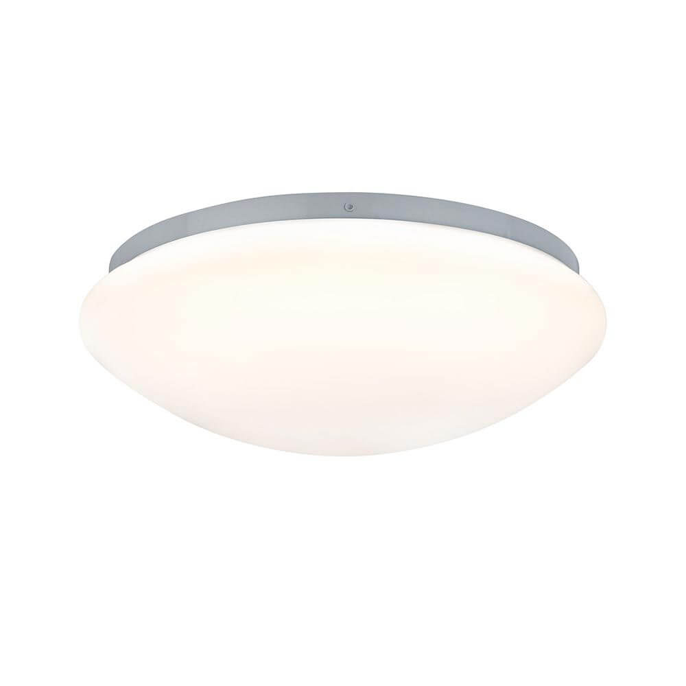 LED Bad-Deckenlampe Leonis Weiß IP44 - moderne Deckenleuchte mit abgerundetem Glasschirm und warmweißem Licht.