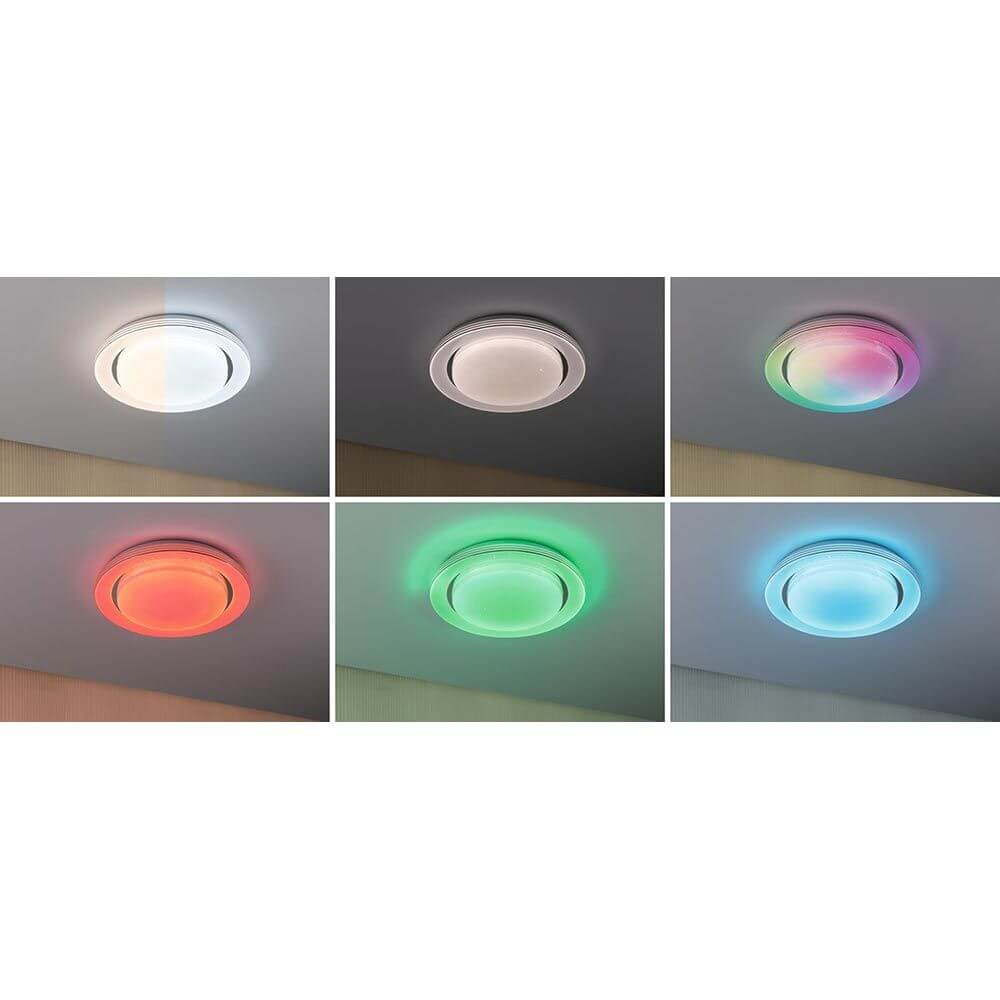 LED Deckenleuchte Rainbow RGB in verschiedenen Farben und Lichteffekten an einer Decke.