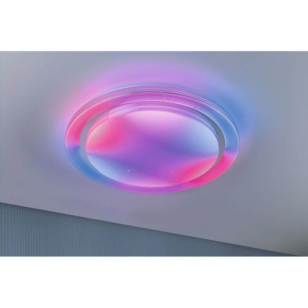 LED Deckenleuchte Rainbow CCT Dimmbar Chrom, Weiß mit magischen Lichteffekten in lila und blau.