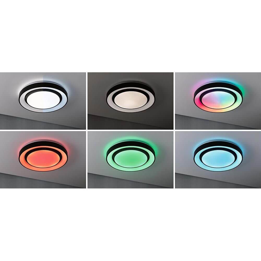 LED Deckenleuchte Rainbow RGB Schwarz Ø 47,5cm mit verschiedenen Lichteffekten in Rot, Grün, Blau und Weiß.
