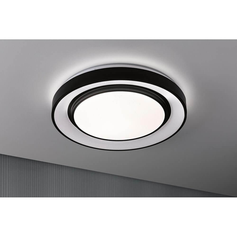 LED Deckenleuchte Rainbow RGB Schwarz Ø 47,5cm mit dimmbarem Regenbogeneffekt an der Decke.