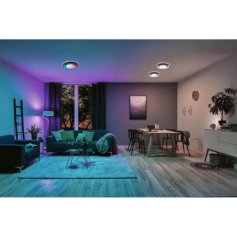 LED Deckenleuchte Rainbow Ø 37,5cm Schwarz in modernem Wohnraum mit magischen Lichteffekten.