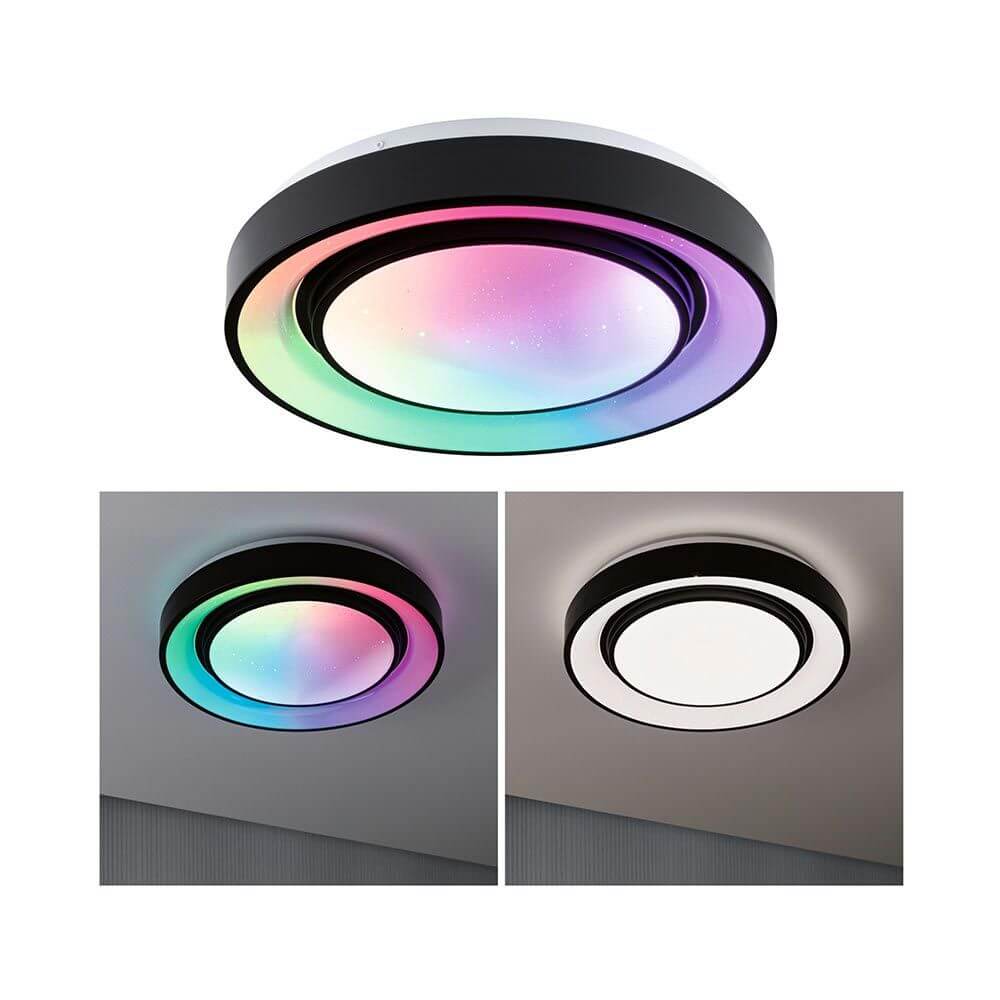 LED Deckenleuchte Rainbow Ø 37,5cm Schwarz mit Regenbogeneffekt und dimmbarer Lichtfarbe.