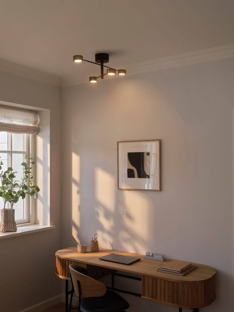 LED Deckenstrahler Clyde Flex 4-Rail in einem modernen Wohnraum mit Schreibtisch.