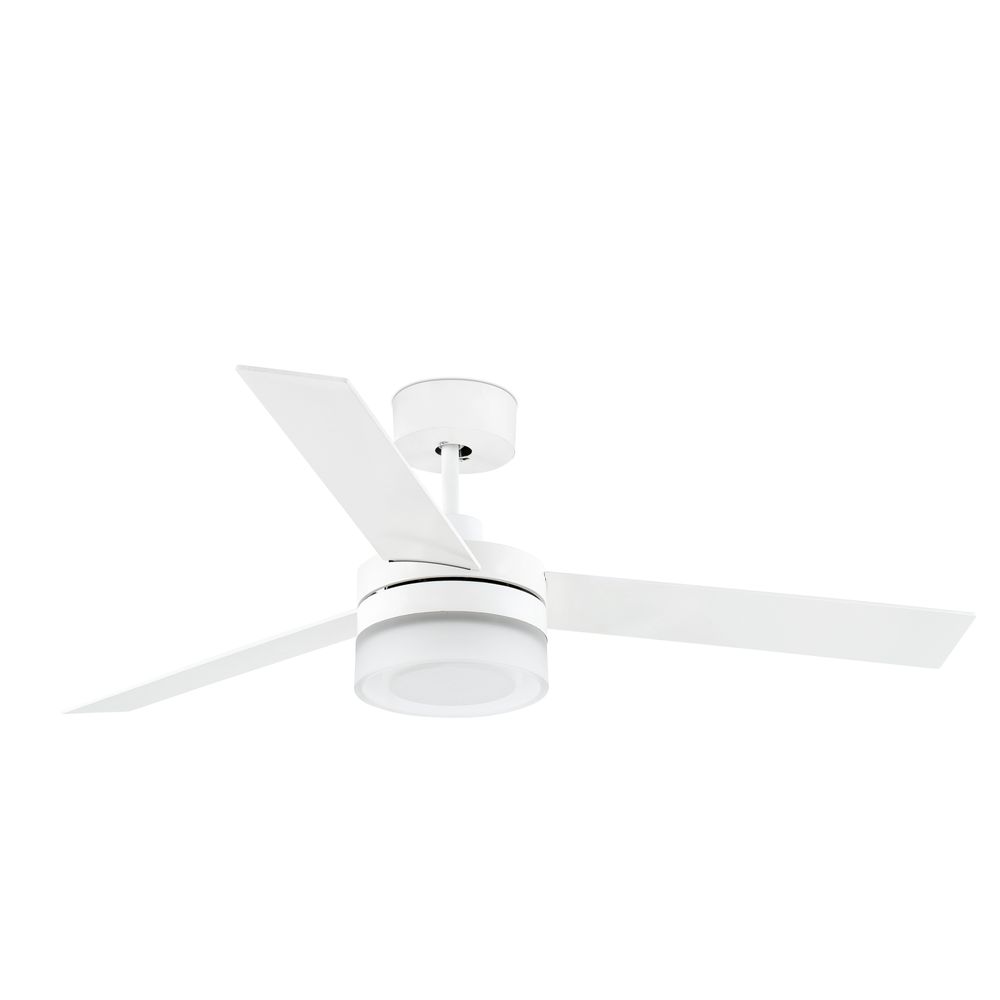 LED Deckenventilator CE 12W Weiß, Weiß-Ahorn mit modernem Design und drei weißen Blättern.