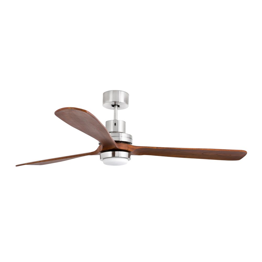 LED Deckenventilator LANTAU-G Nickel-Matt, Walnuss mit drei Holzflügeln im modernen Design.