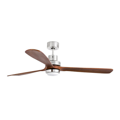 LED Deckenventilator LANTAU-G Nickel-Matt, Walnuss mit drei Holzflügeln im modernen Design.