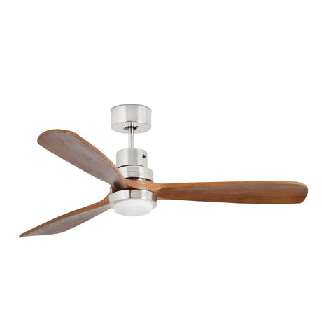 LED Deckenventilator Lantau Ø 132cm Nickel-Matt mit dunklen Walnussholzklingen und modernem Design.