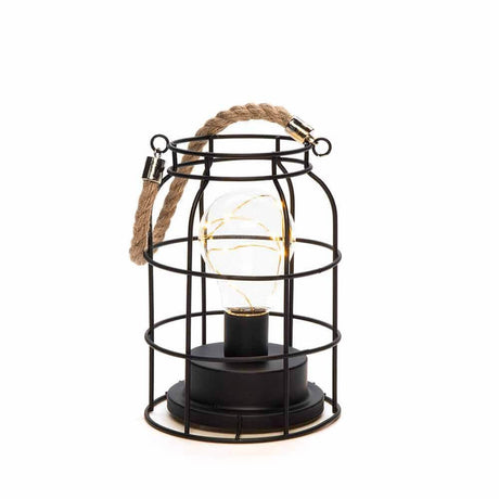 LED Decorative light metal lantern with 6h timer black in black metallic with rope handle