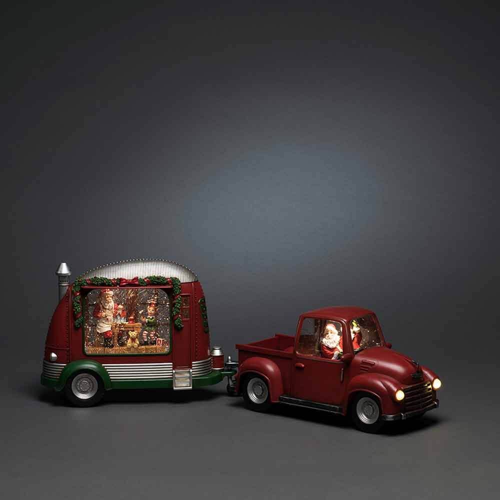 LED Dekoleuchte Pick-up mit Weihnachtsmann batteriebetrieben Rot - roter Pickup mit Anhänger und beleuchtetem Weihnachtsmann