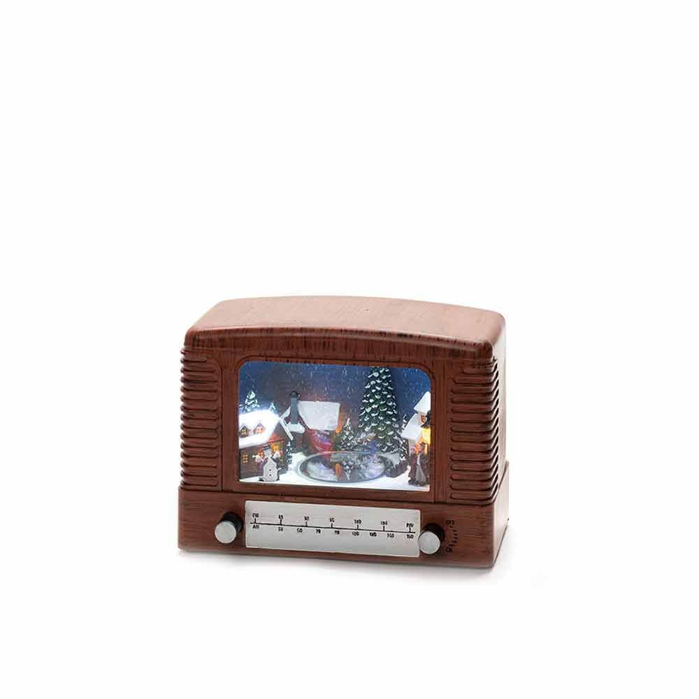 LED Dekoleuchte Radio mit Musik, batteriebetrieben, im Retro-Design mit Weihnachtslandschaft.