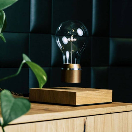 LED-decorative table lamp floating light bulb on an oak wood table with a green plant in the foreground.