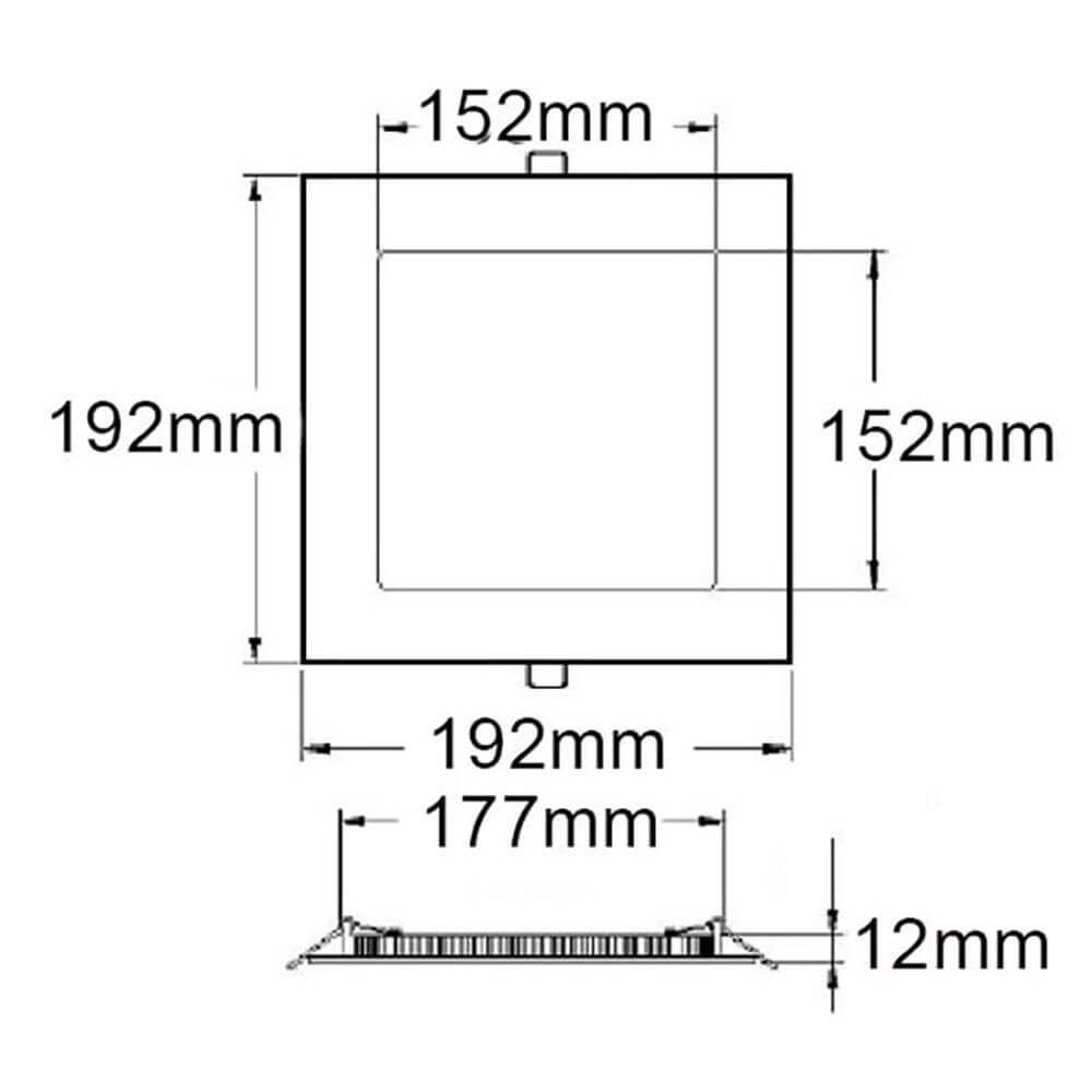 LED Einbaupanel 19 x 19cm flach eckig silber Dimmbar 15W Warmweiß Größenzeichnungen mit Maßen 152mm und 192mm.
