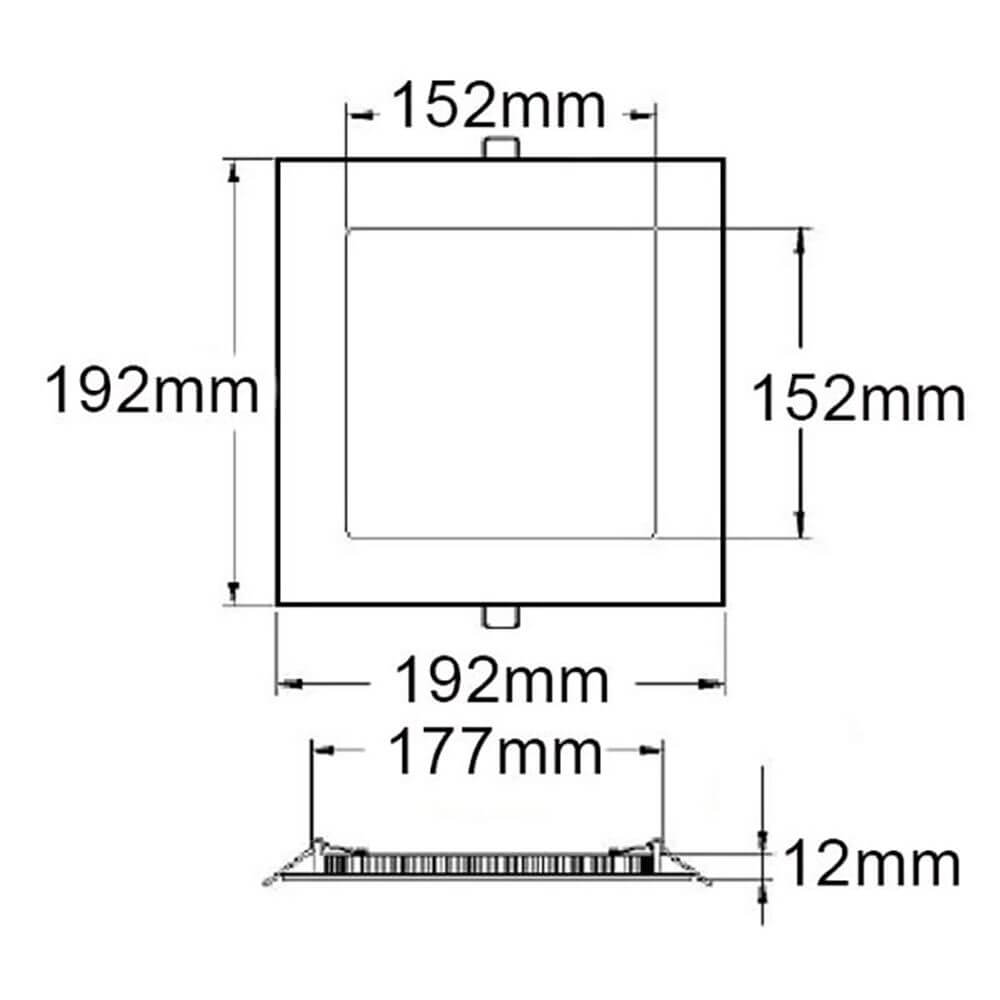 Maßzeichnung des LED Einbaupanel 19 x 19cm flach eckig weiß Dimmbar 15W Neutralweiß mit Abmessungen.