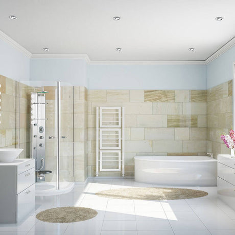 Modern bathroom with LED Movibile recessed light IP44 nickel, shower, bathtub and elegant furnishings.